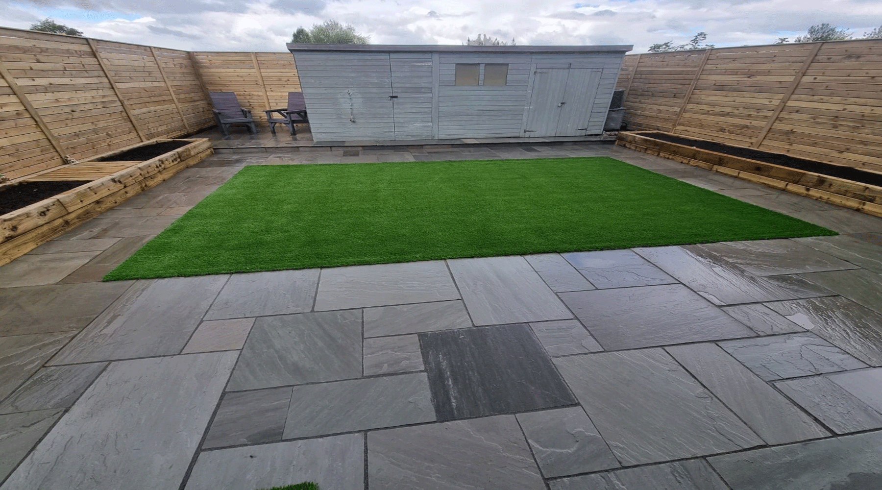 A Modern Indian Stone Patio with Premium Artificial Grass - Wigan - JPM ...